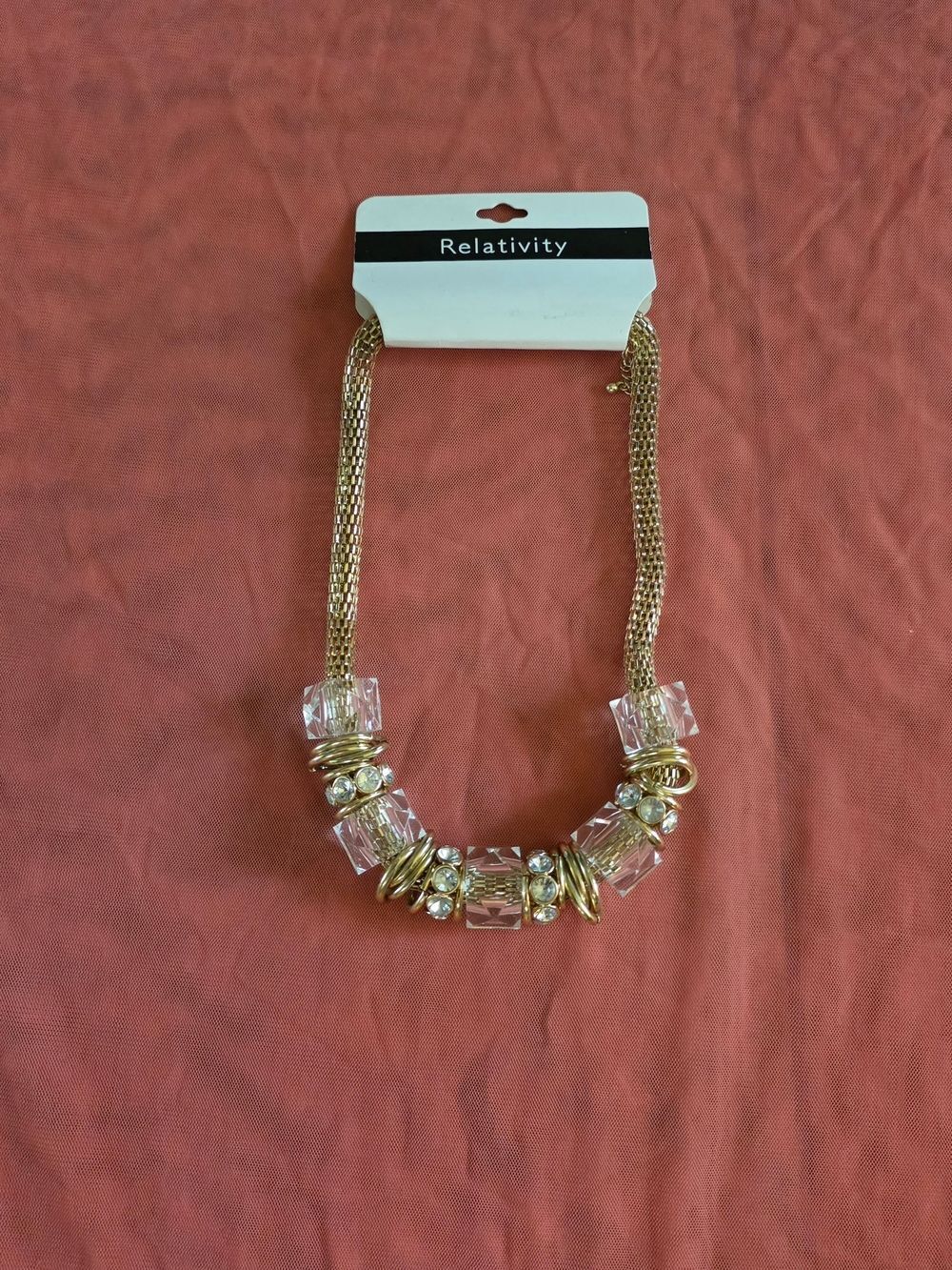 Relativity Gold Tone Clear Lucite Cube Chunky Bead Rhinestone Mesh Necklace 17"